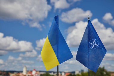Vilnius 'ta yapılan 2023 Nato zirvesinde NATO ve Ukrayna bayrakları. Vilnius, Litvanya Temmuz 09 2023.