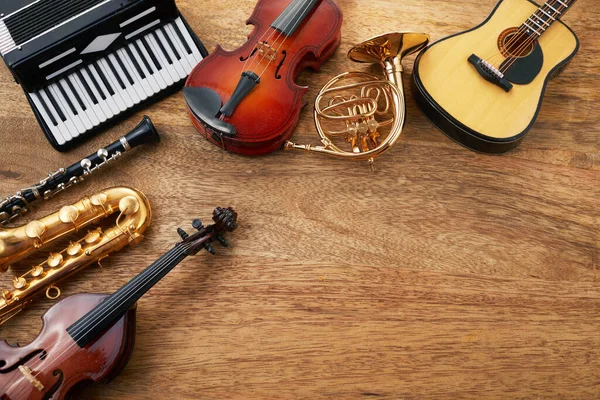 Frame Different Musical Instruments Wooden Background — Stock Photo, Image