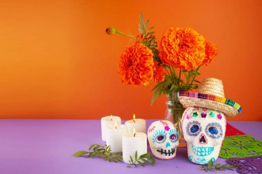 Day of the dead. Dia De Los Muertos celebration background. Sugar Skull, marigolds or cempasuchil flowers clipart