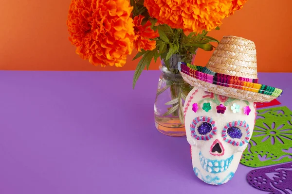 Day Dead Dia Los Muertos Celebration Background Sugar Skull Marigolds — Stock Photo, Image
