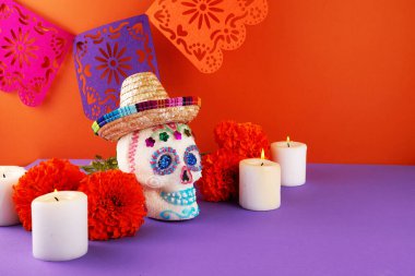 Day of the dead. Dia De Los Muertos celebration background. Sugar Skull, marigolds or cempasuchil flowers clipart