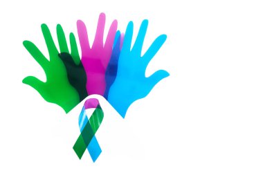 Rare Disease Day Background. Colorful hands and ribbon on white background. clipart