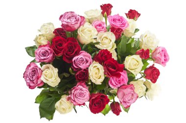 Beyaz üzerine izole edilmiş gül buketi. Sevgililer Günü, 8 Mart ya da Anneler Günü Çiçek Günü