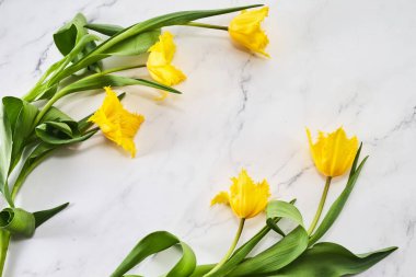 Mermer arka planda sarı lale çiçeklerinden yapılmış çerçeve çelengi. Düz yatıyordu.