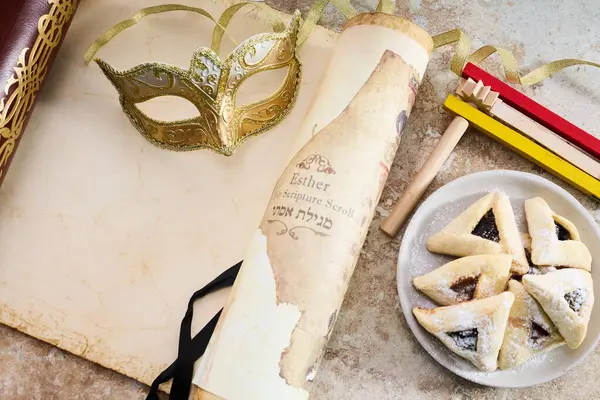 Scroll Van Esther Hamans Oren Cookies Purim Festival Objecten Rechtenvrije Stockafbeeldingen