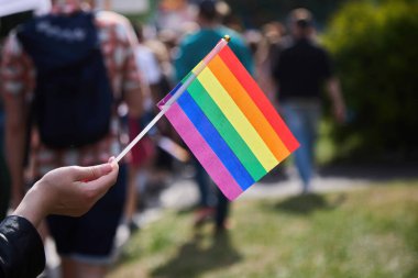 Bir insan arka planda insanların olduğu açık hava etkinliklerinde gökkuşağı gurur bayrağı tutar..