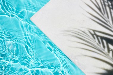 Gölgeli bir palmiye yaprağı siluetini parlak mavi havuz suyunun üzerine döküyor.