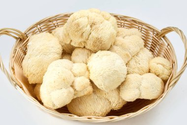 Taze Lions Mane mantarları hasır sepette, krem ve beyaz renkte..