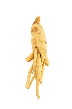 Beyaz arka planda kurutulmuş ginseng kökü, doğal biçimini ve dokusunu gösteriyor..