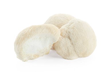 Close-up of Lions Mane mushrooms on a white background. The image showcases their unique, hairy texture. clipart