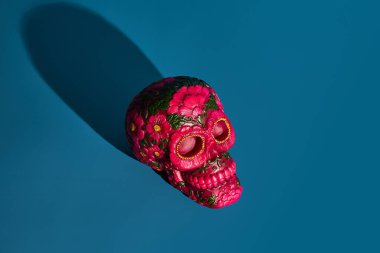 Çiçeklerle süslenmiş canlı pembe bir kafatası mavi bir arka plana gölge düşürür..