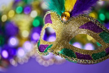 Tüylü canlı bir Mardi Gras maskesi, şenlikli bir bokeh arka planda..