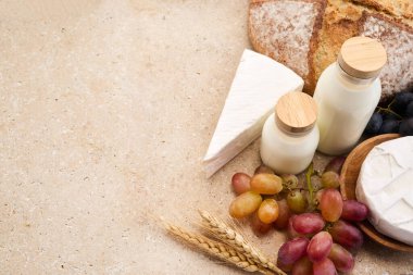 Yahudi bayramı Shavuot konsepti. Tohumlar, süt ve peynir Travertini taşından arka planda.