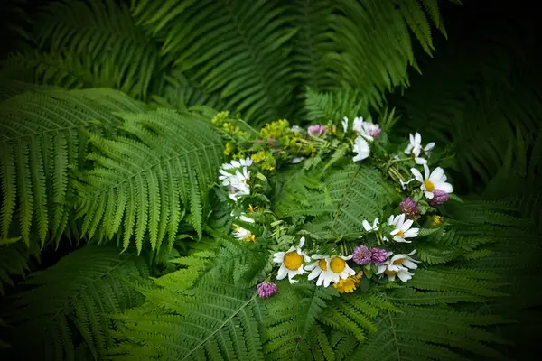 Canlı yeşil eğrelti otu yapraklarının üzerinde duran el yapımı bir çiçek çelengi..