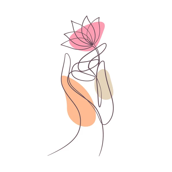 Hand Hält Lotus Seerose Fortlaufender Linienzeichnung — Stockvektor