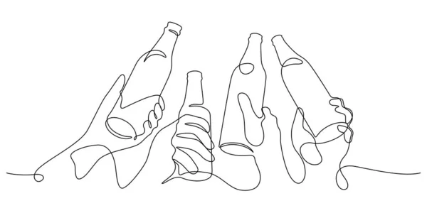 Пиво Клінкерні Тости Пляшками Святковій Вечірці Одна Лінія Малює Щастя — стоковий вектор