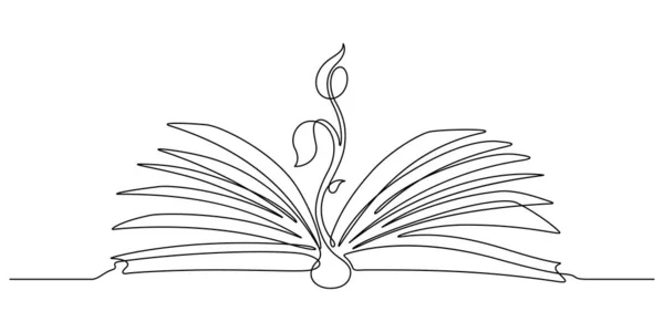 Молода Рослина Відкриттям Книги Безперервній Лінії Малювання Дерево Концепції Знань — стоковий вектор