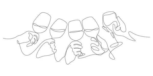 ワインクリンクお祝いのトーストコンセプトの手を保持し ワイングラスを1行の図面で — ストックベクタ