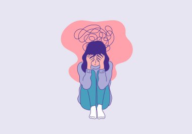 depressed woman sitting face palm pose outline colored illustration. mental health and illness conceptual clipart