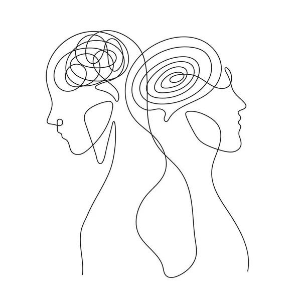 Bipolar Disorders Two Human Brains Two Personality Continuous Line Drawing — Stock Vector