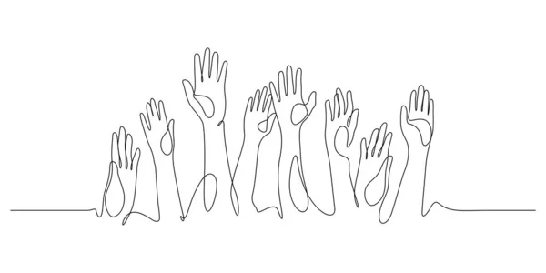 Руки Вверх Подняли Добровольцев Аудитории Совместной Работы Непрерывной Линии Рисования — стоковый вектор