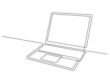 Masaya bir Çizgi Çizim Dizüstü bilgisayar. Minimalizm ve Stil Dijital Çalışma Alanı Vektör Çizimi