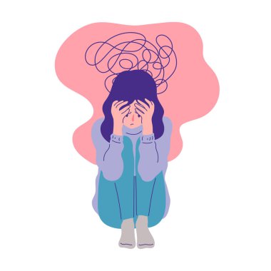 Depresyonda olan kadın avuç içi pozu düz doğrusal çizim yapıyor. zihinsel sağlık ve hastalık kavramsal