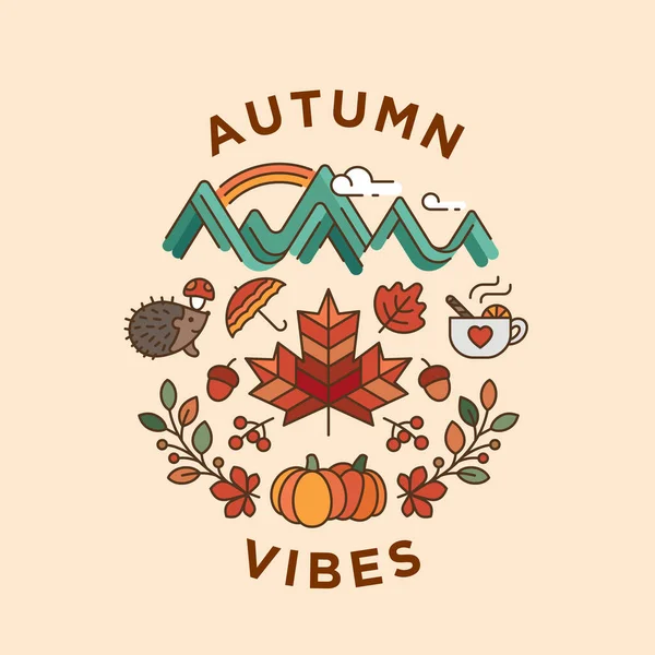 Hello Autumn Poster Vintage Filled Outline Celebrate September Vibes — Stock Vector