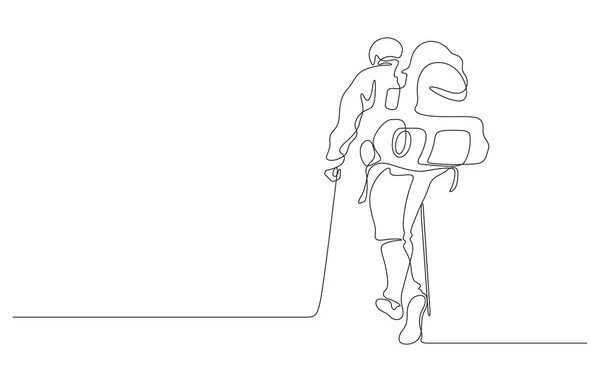 Человек Ходьба Походы Рюкзаком Треккинг Палочки Непрерывной Линии Рисования Векторной — стоковый вектор