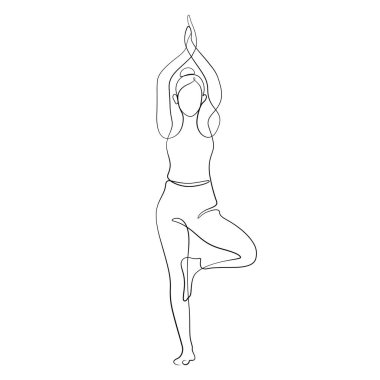 Ağaç yogası yapan kadın sağlıklı poz veriyor. Sürekli çizgi çizerek egzersiz yapıyor.