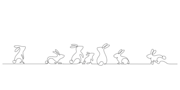 ウサギの家族はミニマリストのスタイルを描く1行で一緒に秋の祭りを祝います — ストックベクタ