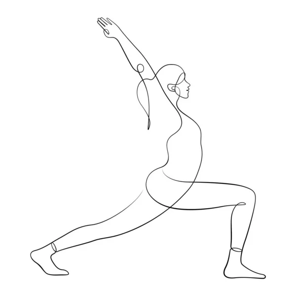 Женщина Делает Воин Yoga Представления Здоровым Осуществляя Одну Линию Рисования — стоковый вектор
