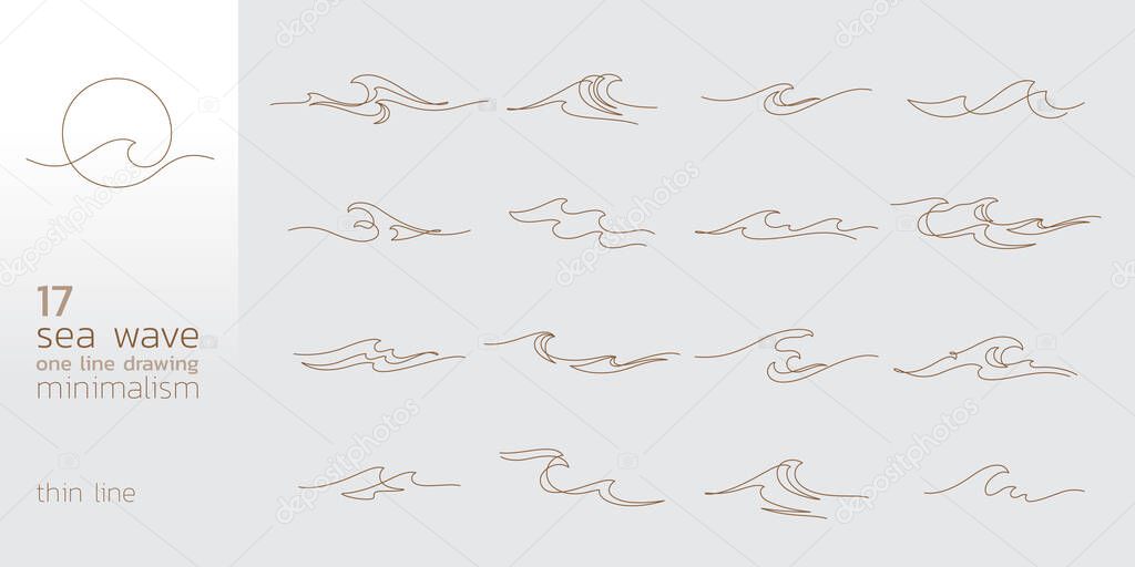 Sea wave one line minimalism style thin line illustration vector set