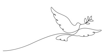 Beyaz güvercin zeytin dalıyla uçuyor. Barışçıl ve kavramsal özgürlük. Bir çizgi sürekli çiziyor.