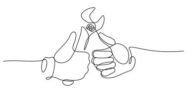 Bakım servisi olan bir müşteri bir çizime güveniyor. Sağ el İngiliz anahtarı tamircisini tutuyor. Başparmak yukarıda.