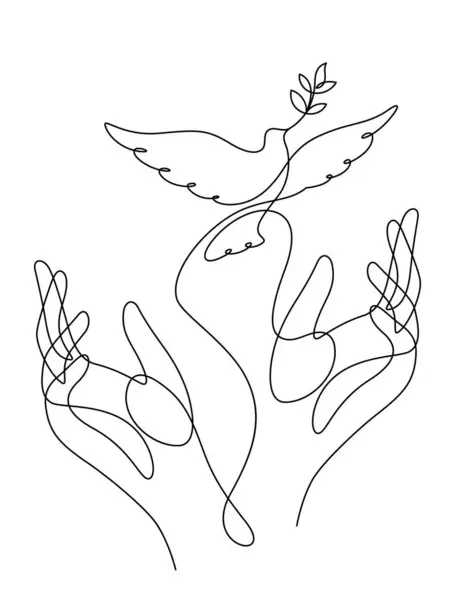 stock vector white dove with olive branch and caring hands one line drawing