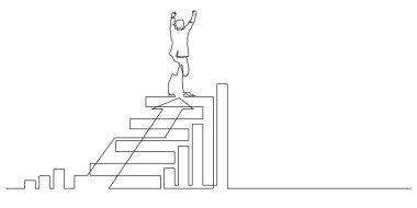 İşadamı kolu kaldırışı basamakların üzerinde başarılı bir şekilde sürekli bir çizgi çizerek vektör illüstrasyonunu çiziyor. büyüme grafiği iş dünyası finansal kavramı