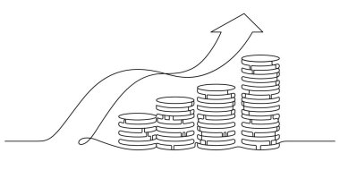 Bozuk paralar yığını akan büyüme grafiği oku bir çizgi çizer