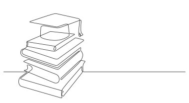 Mezuniyet başlığı ardı arkası kesilmeyen satır çizimlerinde kitapların tepesinde