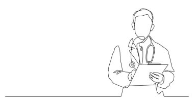 Doktor cüppeli, steteskoplu ve elinde pano olan. Tek çizgi çiziyor.