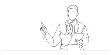 Doktor hastane önlüğüyle dijital tablet kullanarak bir çizgi çiziyor ve el çizimi minimalist sanatlar çiziyor.