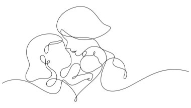 Anne kız ve bebek birlikteliği kucaklıyor. Bir çizgi durmadan el çizimi minimalizm dekoratifi. Anneler Günü karşılama hattı sanat mutluluğu ailesi