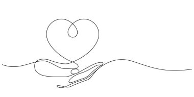 Bağış konsepti, insan el bakımı ve destek kalp şekli sürekli minimalizm dekoratifi çizen bir çizgi