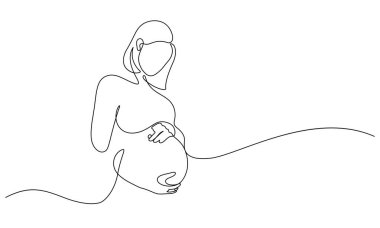 Hamile kadın çizgisi aralıksız devam ediyor. Anne karnına dokunuyor. Dekoratif minimalizm vektörü çizimi.