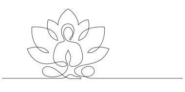 Huzurlu kadın yoga meditasyonu sağlıklı ve sağlıklıdır. Bir çizgi durmadan çizilen nilüfer çiçeği çiçekli el dekoratif.
