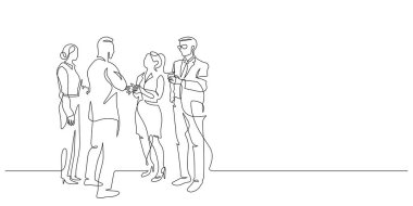 Konuşan ve iş dünyasıyla buluşan bir grup insan bir satırı sürekli çekiyor. Ağ oluşturma ve grup el çizimi kopyalama alanının ince çizgi çizimi