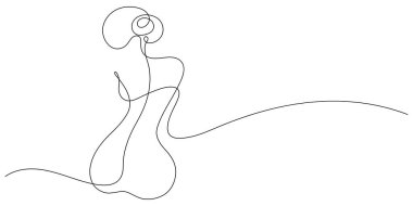 El çizimi genç güzel kadın bir çizgi arkasında oturuyor ve sürekli minimalizm çiziyor. İnce çizgi çizimi.