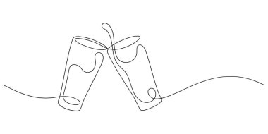 Mutlu saati kutlayan bir bardak. El çizimi minimalist sanat dekoratifi çiziyor.