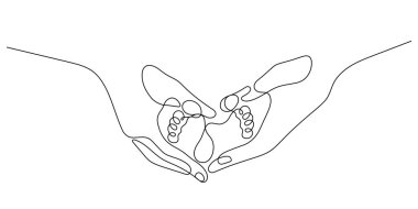 Bebek ayaklarının el ele tutuşması, sürekli el çizimi minimalist dekoratif çizgiler çizmesi.