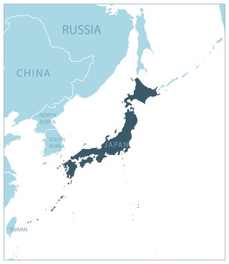 Japonya - Komşu ülkelerin ve isimlerin olduğu mavi harita. Vektör illüstrasyonu